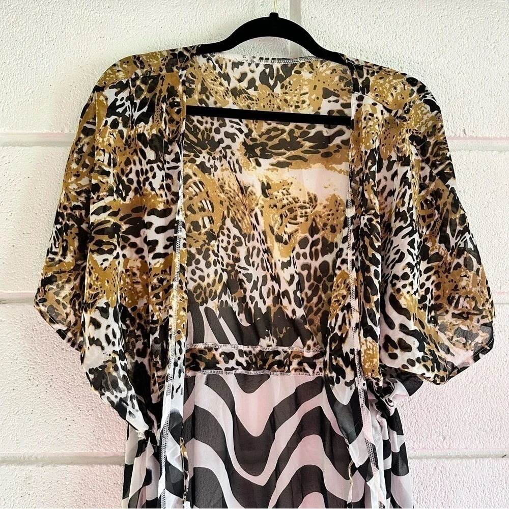 NIB NEW Women’s Maxi CoverUp Tiger Zebra Print Black White Gold TieFront - Picture 5 of 15